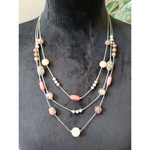Women Layered Bead Necklace Rose Quartz Coral Stone Silver Tone Chain Clasp